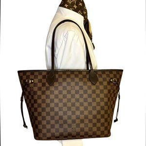 ❌SOLD❌ Louis Vuitton Damier Ebene Neverfull MM Brown & Red Leather Tote bag